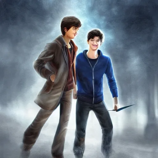 Prompt: Harry Potter and Percy Jackson shaking hands, digital art, art station, high quality, beautiful render, aesthetic