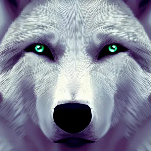 Prompt: A white wolf, hypnotic eyes, trending in ArtStation, aesthetic, cinematic lighting, 4k