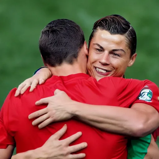 Prompt: christiano ronaldo crying while hugging leonardo decaprio. standing on the moon on a field of tomatoes. high definition. award winning. high resolution