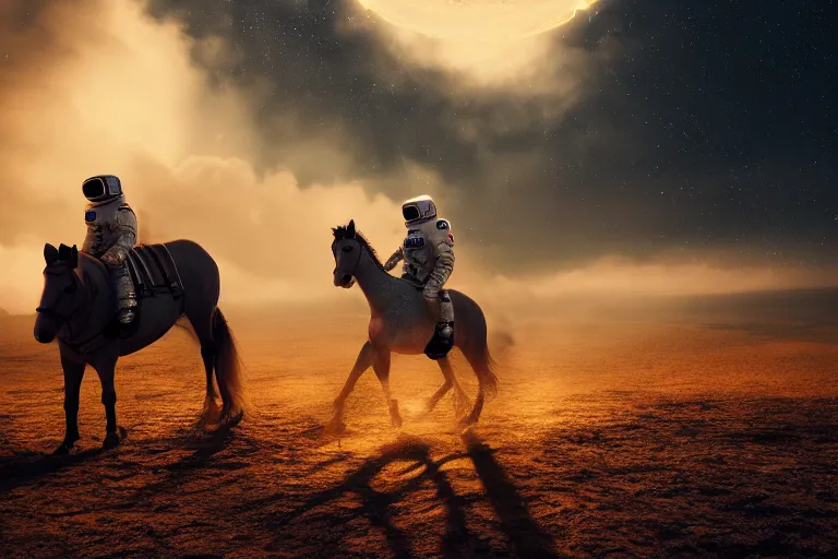 Prompt: astronaut is under the horse, 4 k, ultra details, cinematic, epic style, beautiful photo, hyper realistic, octane render, unreal engine, award winning, on artstation, volumetric lightning, masterpiece, golden hour,