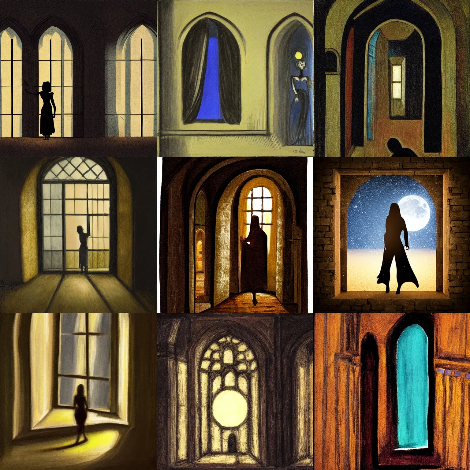 Prompt: figure looking through a wide window, dark medieval hall, night, moonlight, a realistic, cold colors