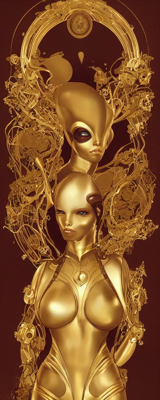 Image similar to beauty art nouveau woman, gold robotic, trending on artstation, by Artgerm