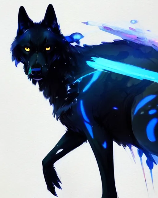 Image similar to concept art of a black wolf with blue neon wings, highly detailed painting by dustin nguyen, akihiko yoshida, greg tocchini, 4 k, trending on artstation, 8 k