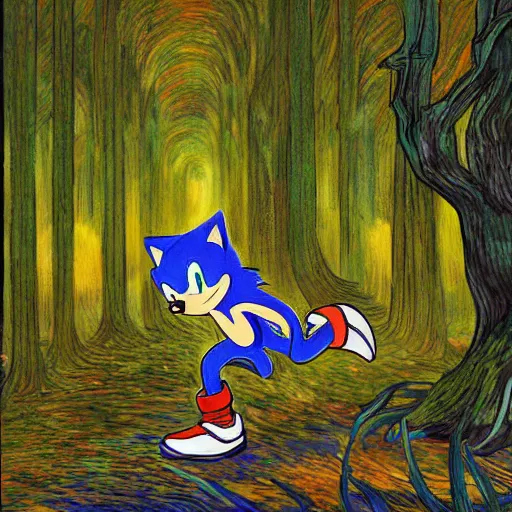 Image similar to sad painting of detailed sonic the hedgehog in the woods at night, in the style of studio ghibli and moebius and claude monet and edward hopper and vincent van gogh