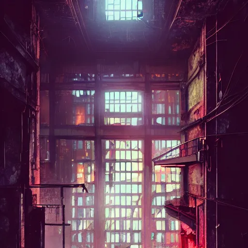 Image similar to One dilapidated building with only one window glowing. ArtStation, Cyberpunk, Vertical Symmetry, 8K, Highly Detailed, Intricate, Album Art.