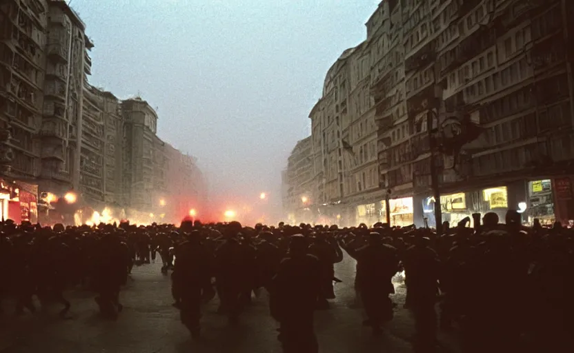 Prompt: 1990s movie still of a yougoslavian street with a large crowd fighting soviet soldiers, with stalinist style highrise, Cinestill 800t 18mm, heavy grainy picture, very detailed, high quality, 4k panoramic, HD criterion, dramatic lightning, streetlight at night, foggy