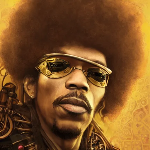 Prompt: steampunk portrait of jimi hendrix, hyper detailed, digital art, trending in artstation, cinematic lighting, studio quality, smooth render, unreal engine 5 rendered, octane rendered, art style by klimt and nixeu and ian sprigger and wlop and krenz cushart.