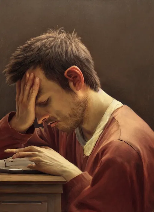 Image similar to insanely detailed portrait of a sleepy - looking programmer guy begging for forgiveness in front of his ultrawide monitor, oil on canvas, masterwork, fine detail, trending on artstation, emotive, insanely compelling, ryden, koons, moebius