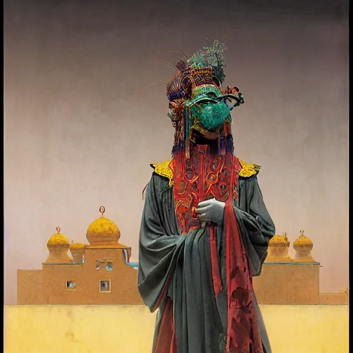 Image similar to portrait of masked Byzantine Tang Dynasty dancer on the art deco streets of the Undying Empire city of ya-Sattra during the Festival of Masks, award-winning realistic sci-fi concept art by Beksinski, Bruegel, Greg Rutkowski, Alphonse Mucha, and Yoshitaka Amano