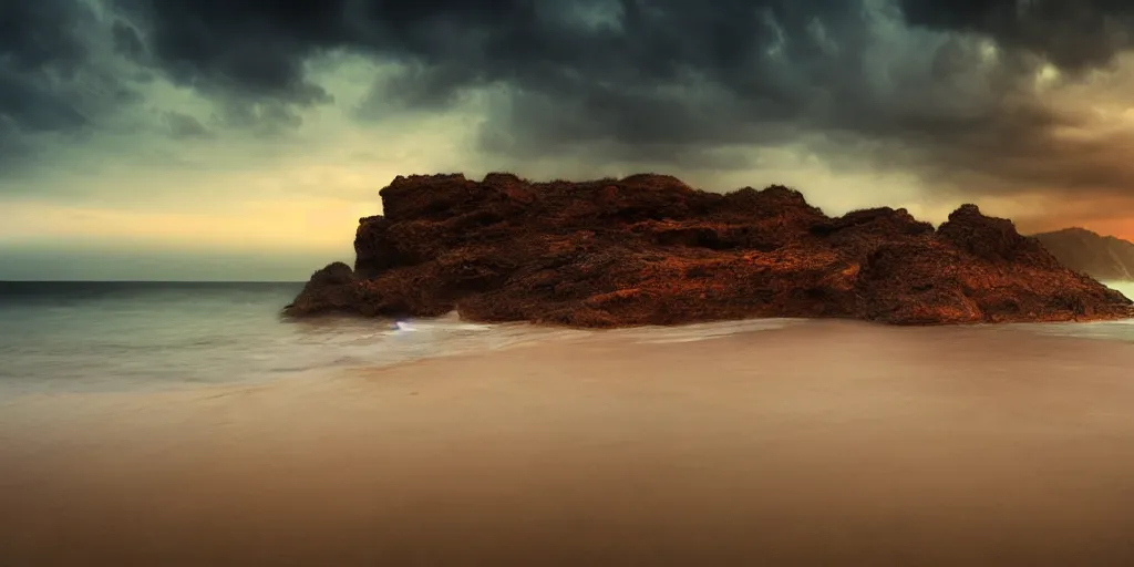 Image similar to Beautiful beach, by Dante Alighieri, by Zdzisław Beksiński, wide angle, dramatic light, ultra realistic, HDR, extremely moody lighting, 8K