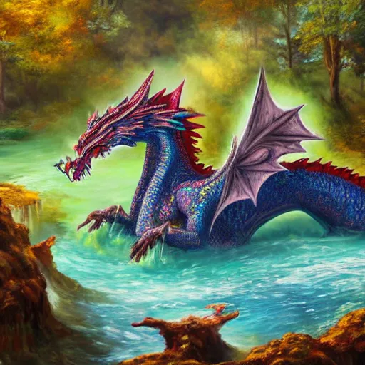 Prompt: highly detailed oil painting of a western dragon emerging from a colorful woodland hotspring, fantasy, featured on artstation