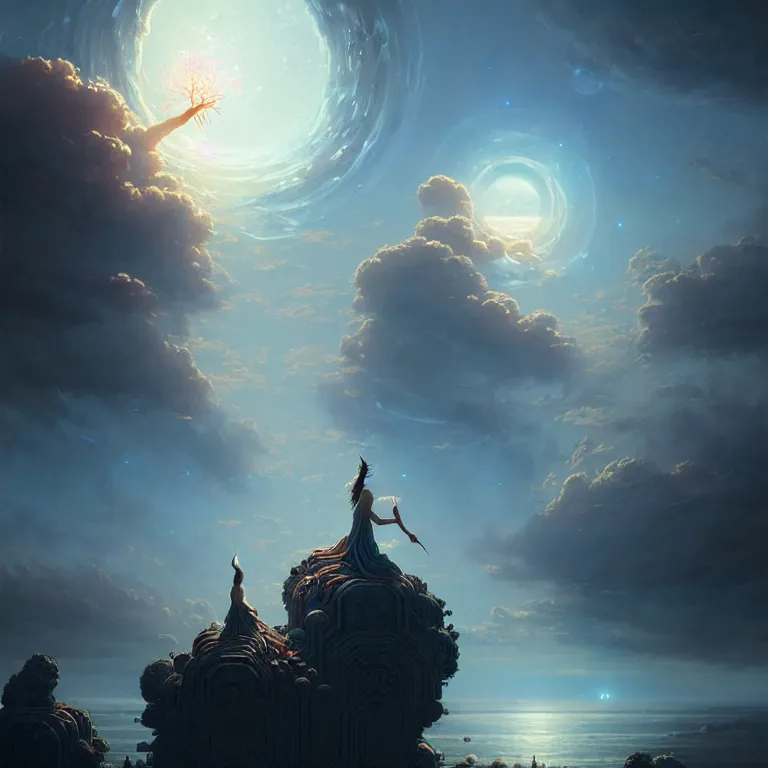 Image similar to a goddess of world full of life, divine thrill of the biological tranquil sky, atoms floating, by greg rutkowski, fantasy, horror, intricate, elegant, highly detailed, digital painting