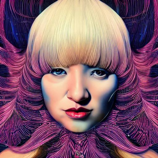 Prompt: portrait of crazy beautiful singer sia kate isobelle furler, big ribbon, ymmetrical, by yoichi hatakenaka, masamune shirow, josan gonzales and dan mumford, ayami kojima, takato yamamoto, barclay shaw, karol bak, yukito kishiro