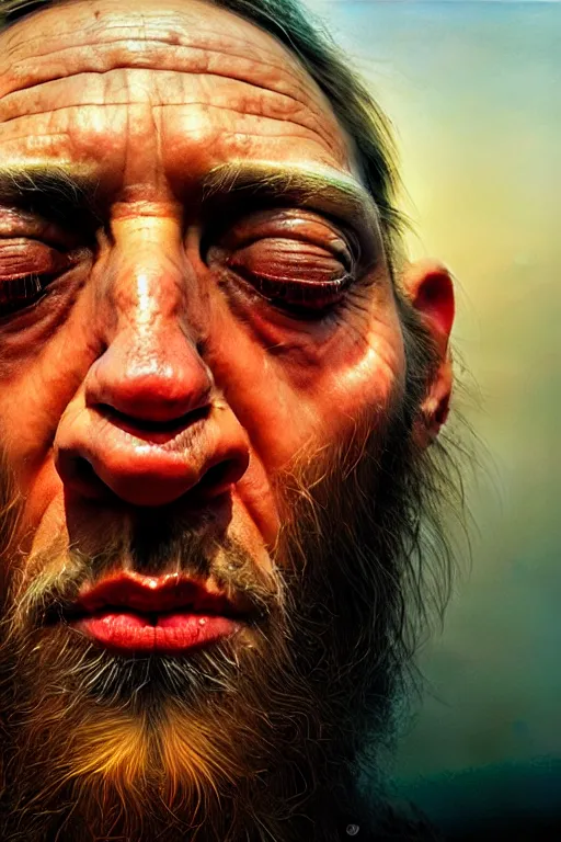 Image similar to hyperrealistic close - up portrait of psychedelic - shaman highly detailed concept art eric zener elson peter cinematic hard lighting high angle hd 8 k sharp shallow depth of field, inspired by denis villeneuve and zdzisław beksinski