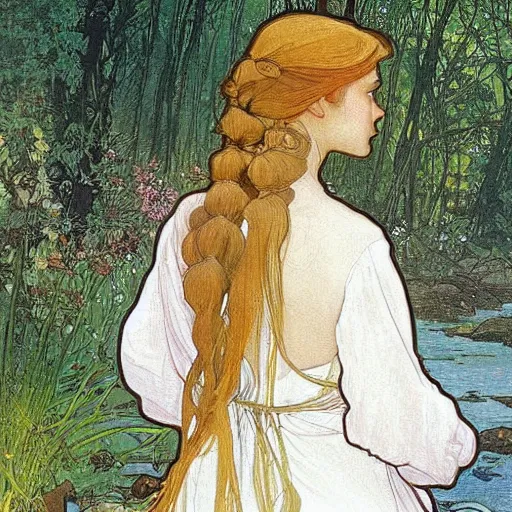 Prompt: a beautiful painting of the back view of a young lady in white dress washing her long hair by the river in a grown forest, sunlight reflected on the river, by Mucha and Moebius