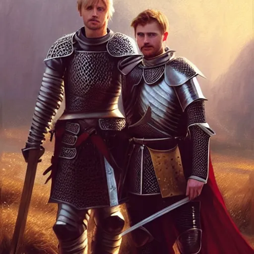 Image similar to attractive arthur pendragon and his attractive male knight, in camelot | | sunny, dreamlike art, realistic shaded, fine details, 4 k realistic, cryengine, realistic shaded lighting poster by greg rutkowski, magali villeneuve, artgerm, jeremy lipkin and michael garmash and rob rey