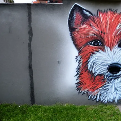Image similar to a spraypainted graffiti art of a wire haired fox terrier on a wall in the city