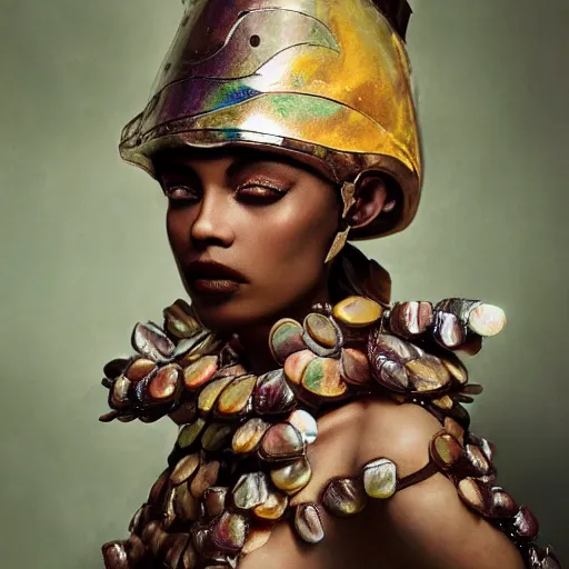 Prompt: medium shot of a brown - skinned woman wearing an armor made of shimmering and colorful mother of pearl shells. coherent face. soft. fragile. by ray caesar. by louise dahl - wolfe. by anna claren. surreal photography