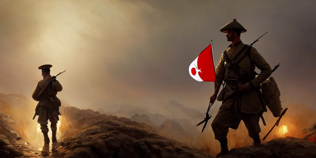 Image similar to a soldier is carrying the turkish flag on a gallipoli campaign, battlefield 1, extremely detailed digital painting, in the style of fenghua zhong and ruan jia and jeremy lipking and peter mohrbacher, mystical colors, rim light, beautiful lighting, 8 k, stunning scene, raytracing, octane, trending on artstation