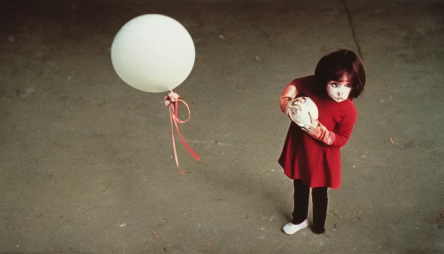 Image similar to 7 0 s film still from a horror movie featuring a child holding a skull and balloon, kodachrome, cinecolor, cinestill, photorealism, cinematic, film grain, film texture, vhs recording