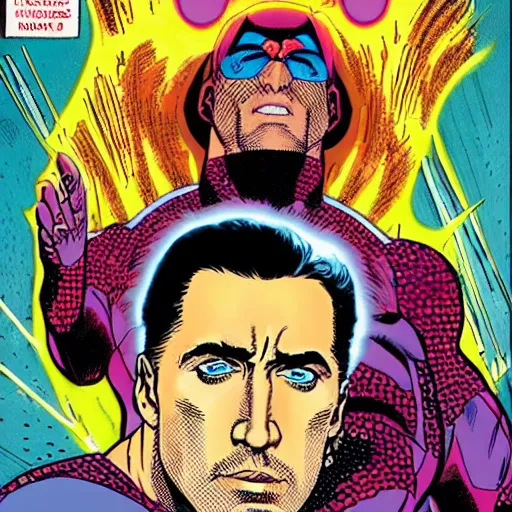 Prompt: dynamic macro head portrait of beautifu l nicholas cage super hero in white sequined jacket by john romita sr and cory walker and ryan ottley and jack kirby and barry windsor - smith, comic, illustration, photo real