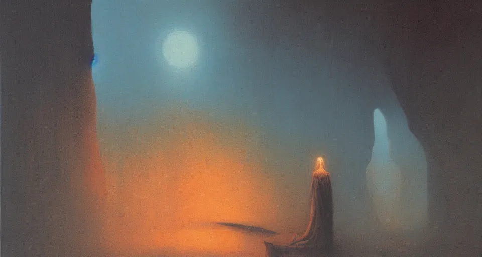 Prompt: she peers into the abyss, and the abyss looks back at her, painting by beksinski and john harris, dramatic lighting, smooth, sharp details, intricate, sad