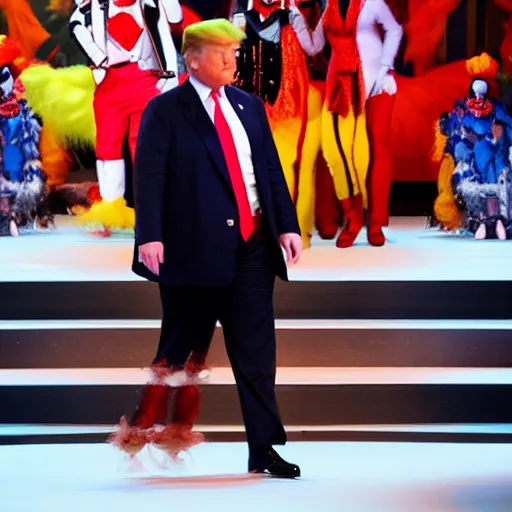 Image similar to cinematic shot of donald trump wearing a clown costume on a fashion show runway, 8 k, very detailed, very intricate,