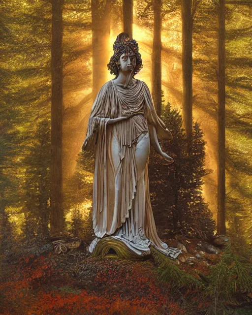 Image similar to Ancient statue of wise mushroom goddess wearing pagan clothes and leaves lost in the heart of the pristine cedar forest | dramatic light | cinematic lighting | sunshafts, volumetric lighting | golden hour | style of donato giancola