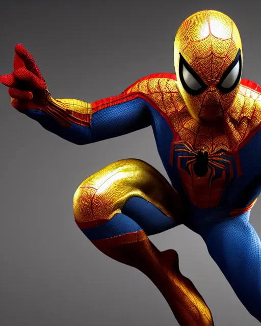 Image similar to photorealistic, hyperdetailed photograph of black spider - man suit with gold webbing by insomniac games