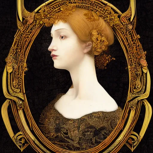 Image similar to a beautiful girl made of ivory and gold, highly intricate, digital art, very detailed, in the style of a weird and dark eerie liminal art nouveau flemish painting