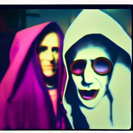 Prompt: selfie with a creepy hooded figure with multiple eyes in the busy street of Night Vale, sunset, violet tones, polaroid photo, by Warhol,