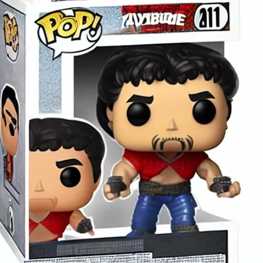 Image similar to a Funko Pop collectible of Sylvester Stallone Rambo. red headband. holding in one hand automatic rifle