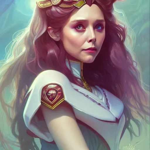 Image similar to Elizabeth Olsen as Sailor Moon, western, D&D, fantasy, intricate, elegant, highly detailed, digital painting, artstation, concept art, matte, sharp focus, illustration, art by Artgerm and Greg Rutkowski and Alphonse Mucha