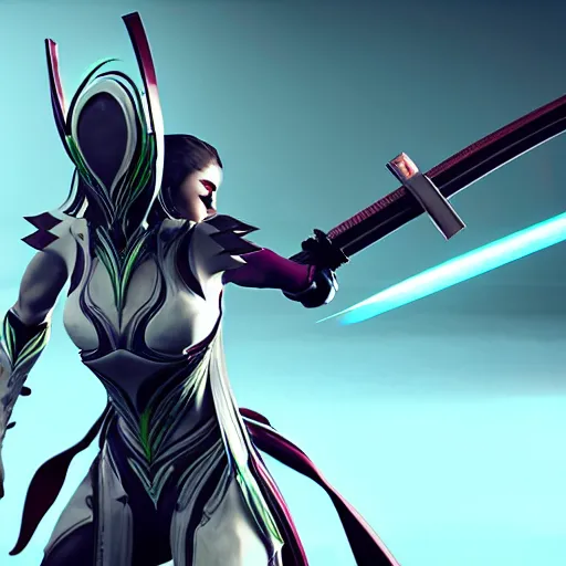 Image similar to photograph of (female) mag!!!!!!!! warframe holding a katana!!!!!!!, 8k resolution, high detail, ULTRA REALISTIC VFX, reflections