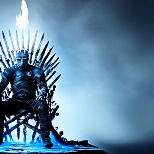 Image similar to the night king sitting on the iron throne, game of thrones, dragon breathing blue fire in background, perspective, moody ,dark, blue lights,artistic