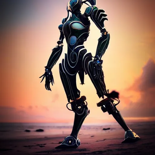 Image similar to looking up at a highly detailed 300 foot tall giant exquisite beautiful female warframe, as an anthropomorphic robot dragon, posing elegantly over your tiny form, camera on the ground, at the beach on a sunset, sleek streamlined design, streamlined matte black armor, sharp detailed claws, detailed sharp robot dragon feet, giantess shot, upward shot, ground view shot, leg shot, front shot, cinematic shot, high quality warframe fanart, captura, realistic, professional digital art, high end digital art, furry art, giantess art, anthro art, DeviantArt, artstation, Furaffinity, 8k HD render, epic lighting