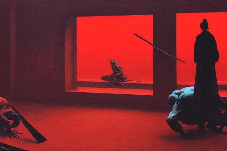 Image similar to only with red, a red samurai harakiri, tokio, a lot of frogs watch, in the style of beksinski, parts by edward hopper, parts by rodcenko, parts by yue minjun, intricate and epic composition, red by caravaggio, insanely quality, highly detailed, masterpiece, red light, artstation, 4 k