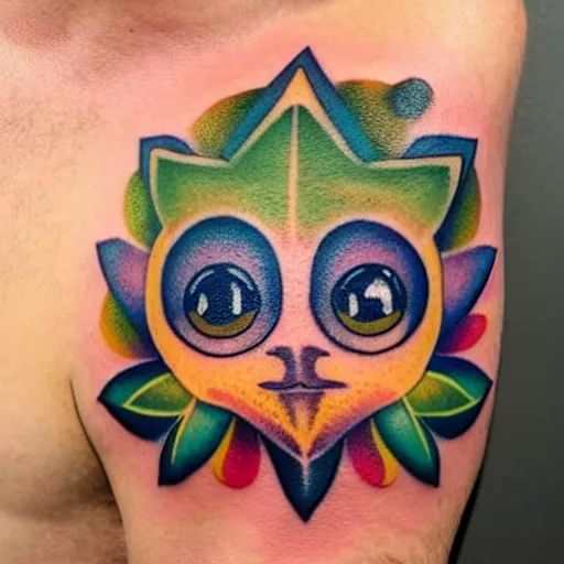 Prompt: shoulder tattoo of a meditating cute bush baby, eyes are sparkeling rainbow spirals, glowing multicolored chakra symbols, surrounded with colorful lotus leaves, insanely integrate