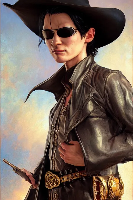 Image similar to portrait of Neo from The Matrix wearing a cowboy hat and a big ornate golden belt buckle, D&D, fantasy, highly detailed, digital painting, artstation, concept art, smooth, sharp focus, illustration, art by artgerm and greg rutkowski and alphonse mucha