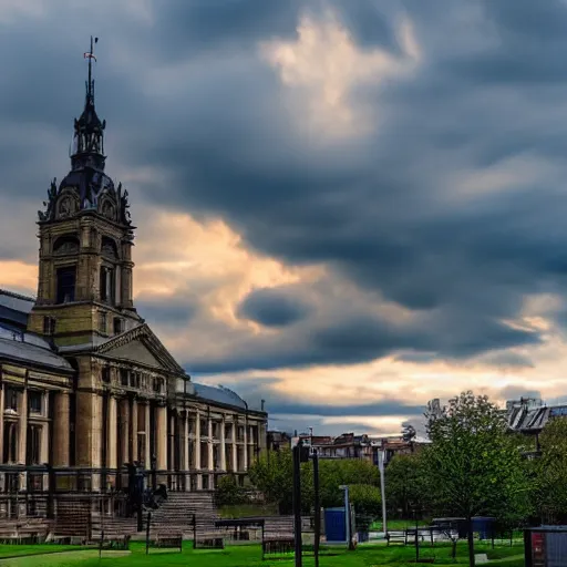 Image similar to university of Leeds, impressionist painting, weed leaves as clouds in sky, dramatic sunset lighting