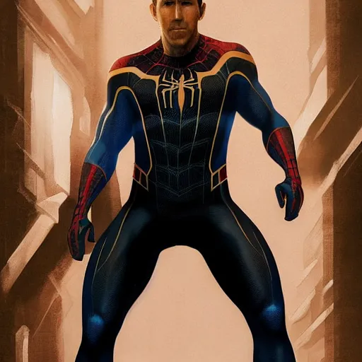 Image similar to ryan reynolds as a black and blue suit spider - man, cinematic, volumetric lighting, f 8 aperture, cinematic eastman 5 3 8 4 film, photorealistic by greg rutkowski, by stanley artgerm, by alphonse mucha