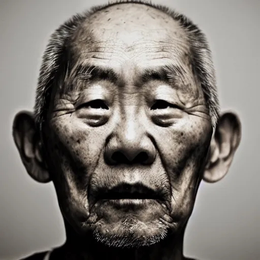 Image similar to a portrait of octogenarian prisoner justin sun with face tattoo of qrcode in prison looking through the laser of his cell, by annie leibovitz, shallow depth of field, cinematic lighting