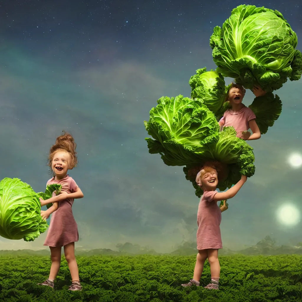 Prompt: happy child carrying a cabbage on her head, cosmic sci fi landscape with farm and vegetables growing, semi realistic comic, octane render, artist Dr Zeus harmonious integration+8k