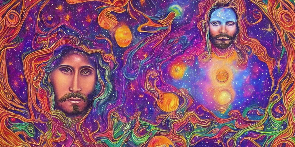 Image similar to a beautiful cosmic detailed painting of an spiritual mystic man in a new world with strage but beautiful beings and psychedelic surreal forms