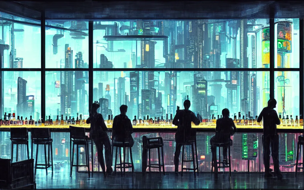 Image similar to cyberpunk loft lounge with tall windows, few people, city in background, bar counter with bartender and chairs, drawn by feng zhu, sparse plants, dim painterly lighting volumetric aquatics, impasto