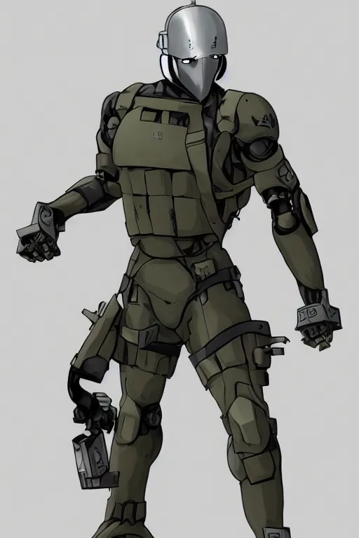 Image similar to robot ninja mask helmet metal gear solid snake pose training suit swat heros chaykin howard and campion pascale and cooke darwyn and davis jack illustration character design concept the phantom pain cosplay sniper wolf