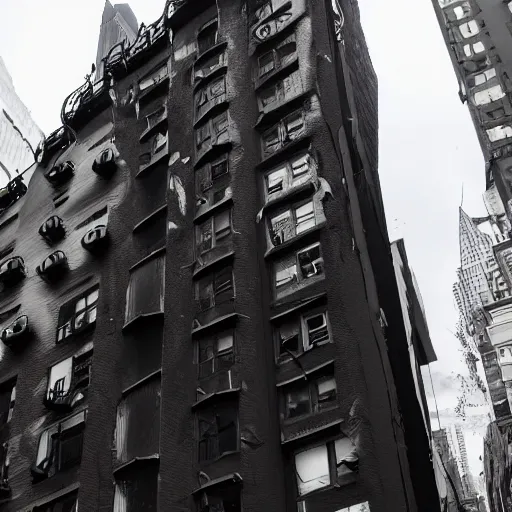 Image similar to apocalyptic new york, buildings covered in black tar, black gooey tar on buildings, black goo everywhere