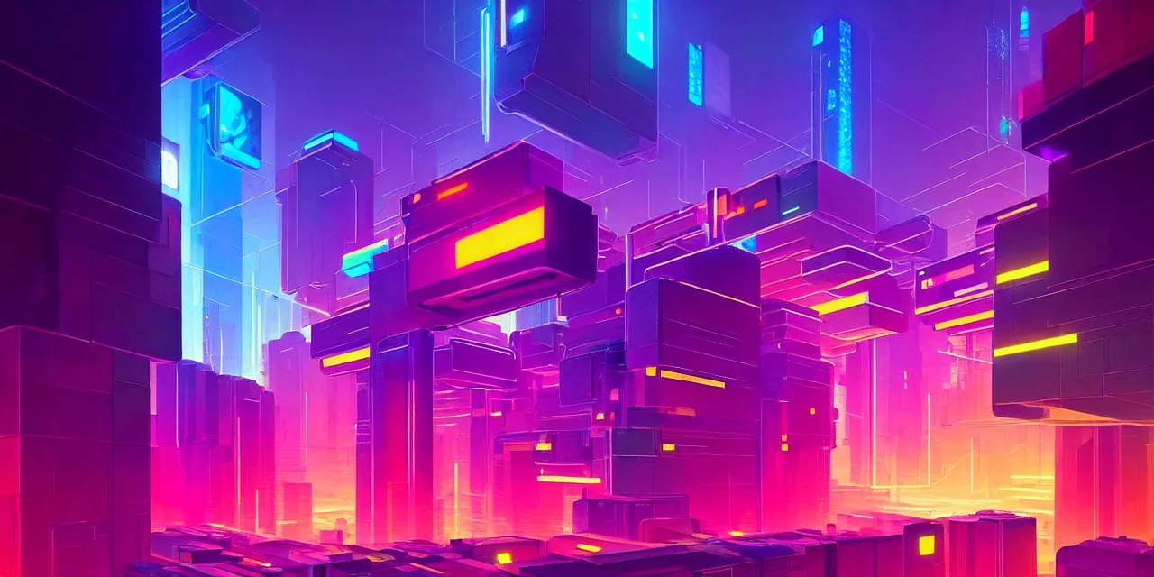 Image similar to a cyberpunk colorful cubes interconnected with glowing tubes, giant tubes connecting separate blocks, blockchain, symmetry, intricate, volumetric lighting, beautiful, rich deep colors masterpiece, sharp focus, ultra detailed, in the style of john harris