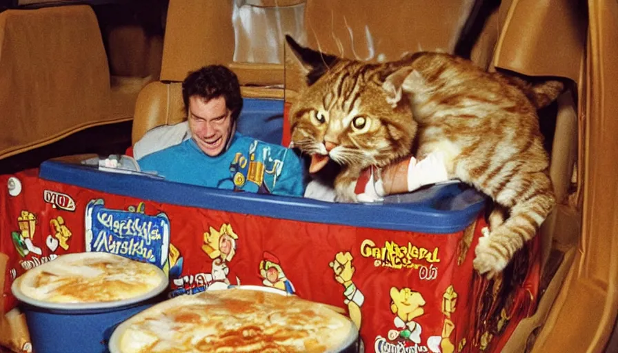 Prompt: 1990s photo of inside the Garfield Mystery Lasagna ride at Universal Studios in Orlando, Florida, riding a box with a blanket with Garfield the cat through a living room filled lasagna and coffee cups, cinematic, UHD