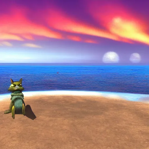 Image similar to high quality photo of star fox looking out at the ocean at sunset realism 8k award winning photo